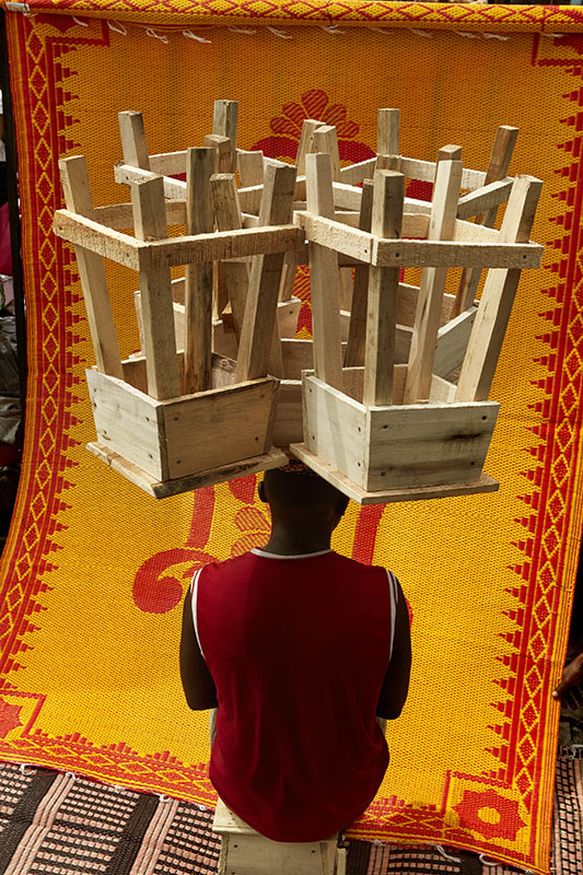 Lorenzo Vitturi, Wooden Stools and Yellow Praying Mat, Money Must Be Made, 2017